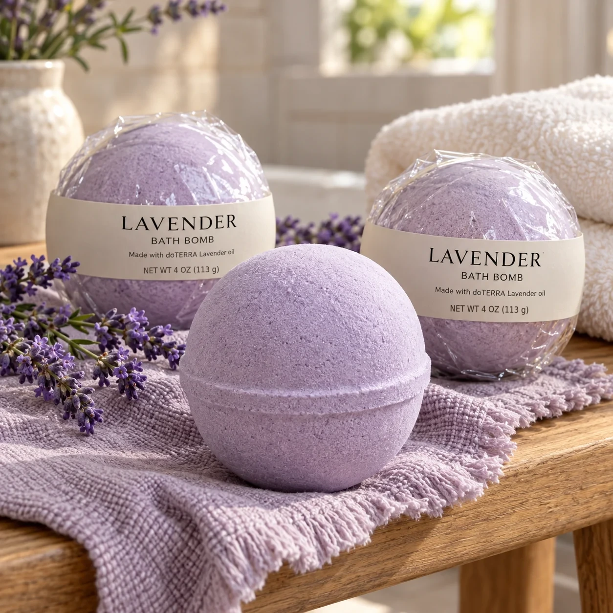 Three lavender bath bombs resting on linen
