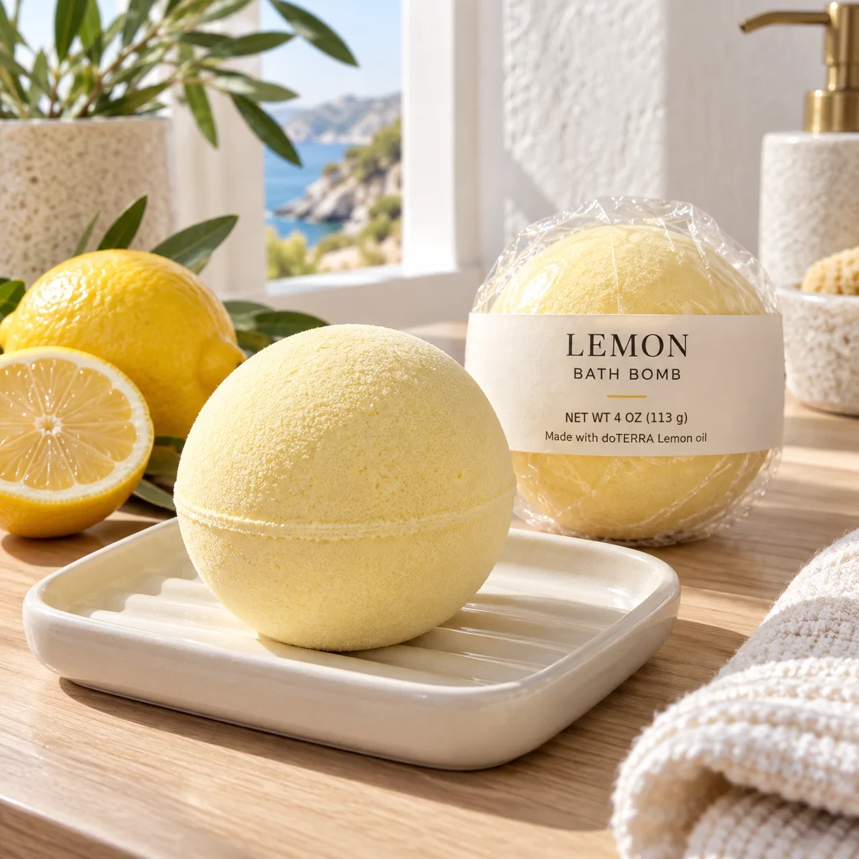 Lemon bath bombs in warm sunlight