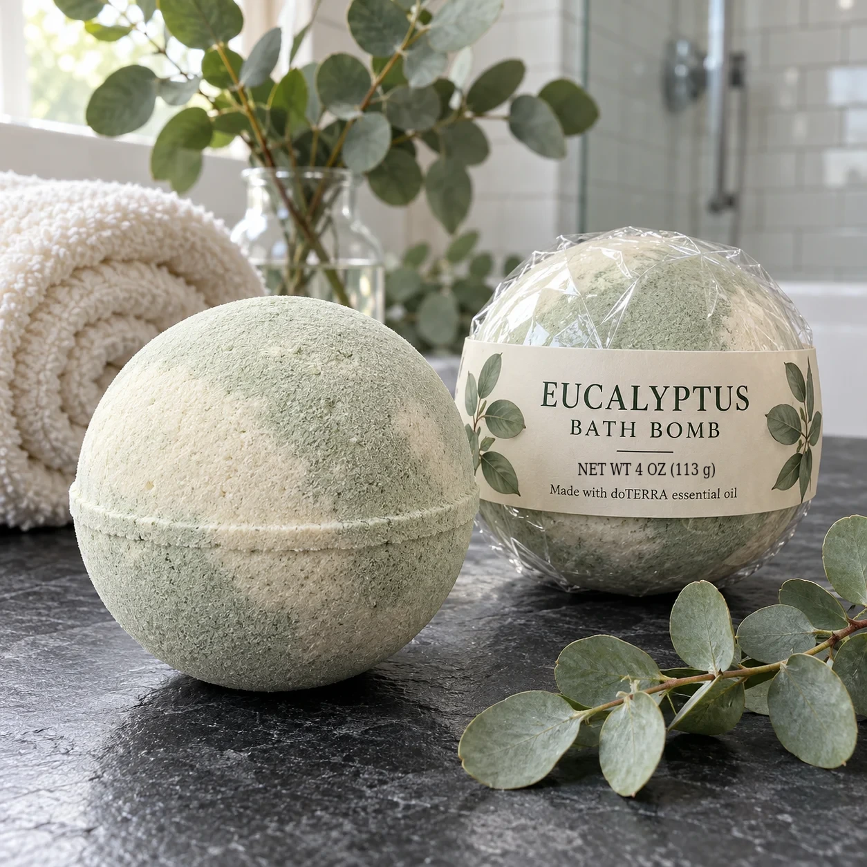 Eucalyptus 4 oz bath bomb, approximately 4–4.5 oz depending on packaging, product photograph