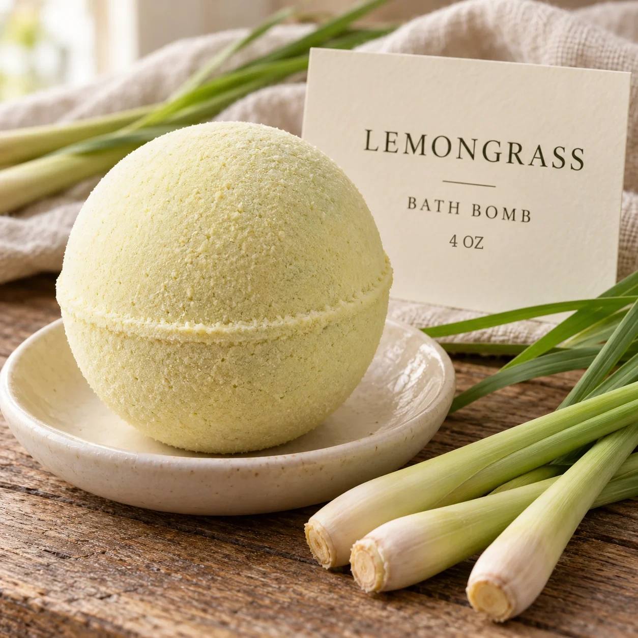 Lemongrass 4 oz bath bomb, approximately 4–4.5 oz depending on packaging, product photograph