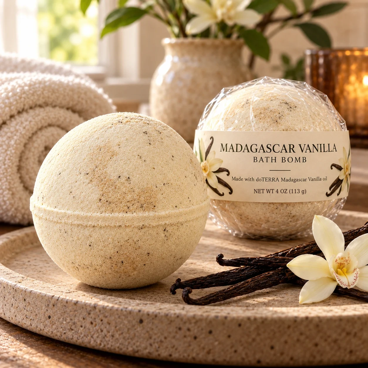 Madagascar Vanilla 4 oz bath bomb, approximately 4–4.5 oz depending on packaging, product photograph