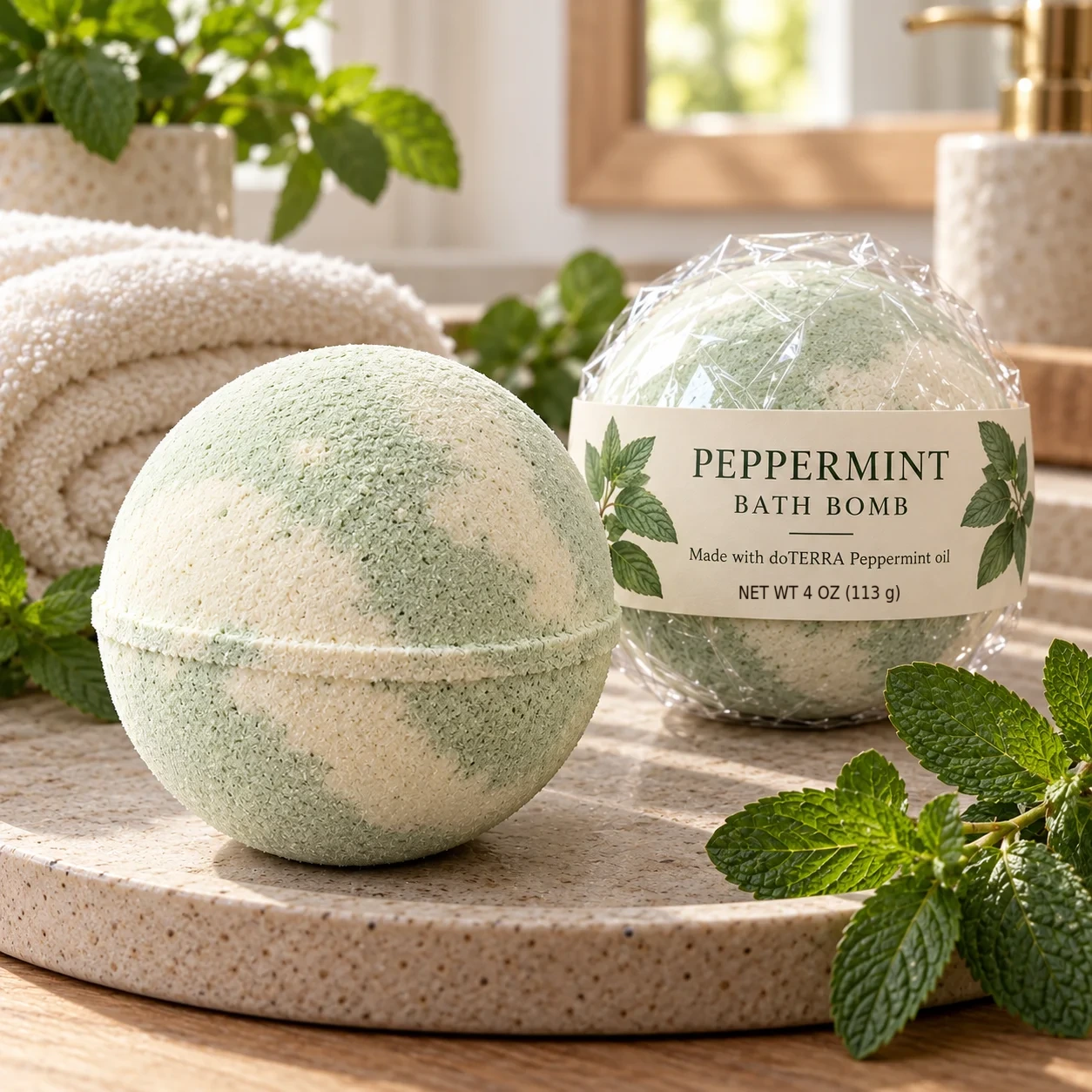 Peppermint 4 oz bath bomb, approximately 4–4.5 oz depending on packaging, product photograph