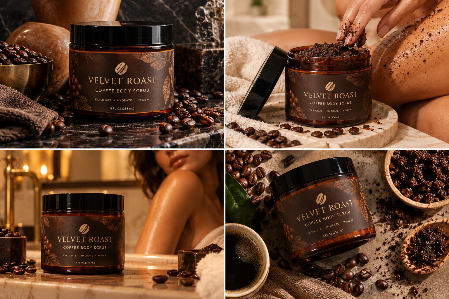 Velvet Roast coffee sugar scrub in an amber jar