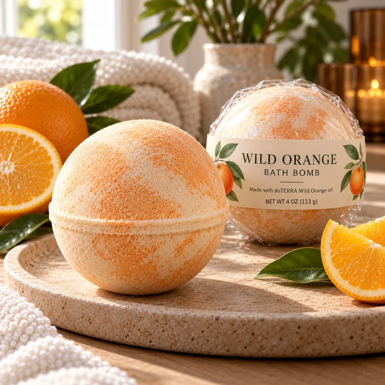 Wild Orange 4 oz bath bomb, approximately 4–4.5 oz depending on packaging, product photograph